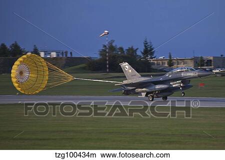 Picture - Turkish Air Force F-16D landing with parachute deployed.. Fotosearch