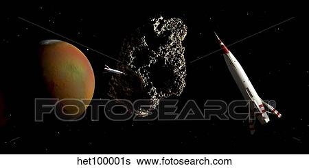 Stock Illustration - Two 1950's styled spaceships rendezvous near Mars and its moon Deimos.. Fotosearch