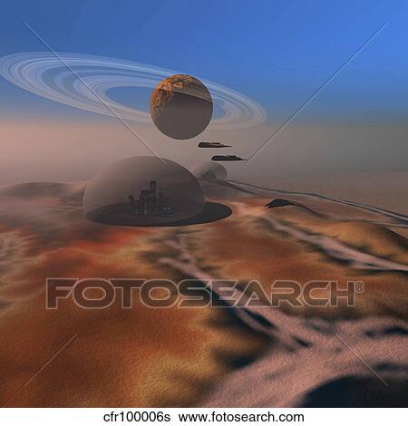Stock Illustration - Two aircraft fly over domes on the planet Mars.. Fotosearch