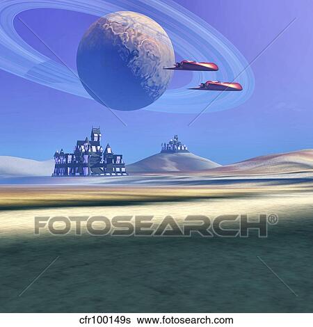 Two aircraft guard this alien planet. View Large Illustration Stock Illustration - Two aircraft guard this alien planet.. Fotosearch