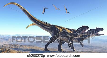 Two Allosaurus dinosaurs look for prey on a high mountain. View Large Illustration Stock Illustration - Two Allosaurus dinosaurs look for prey on a high mountain.. Fotosearch
