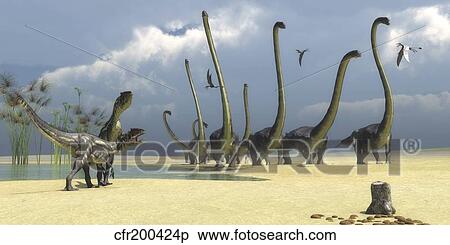 Stock Illustration - Two Allosaurus predators prepare for an attack on a herd of Omeisaurus.. Fotosearch