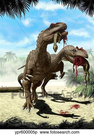 Two Allosaurus with a Hypsilophodon in mouth as next meal. View Large Illustration Stock Illustration - Two Allosaurus with a Hypsilophodon in mouth as next meal.. Fotosearch