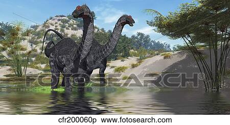 Stock Illustration - Two Apatosaurus dinosaur wade through a lush pond.. Fotosearch