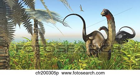 Stock Illustration - Two Apatosaurus dinosaurs in a lush Cretaceous jungle.. Fotosearch