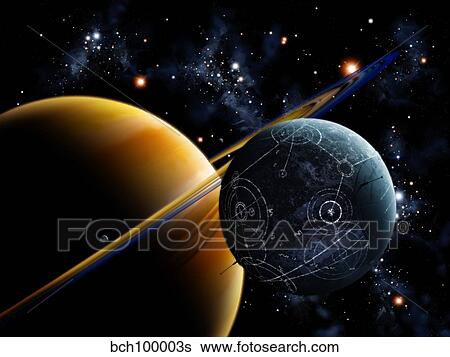 Stock Illustration - Two artificial moons travelling around a gas giant devouring the natural moons.. Fotosearch