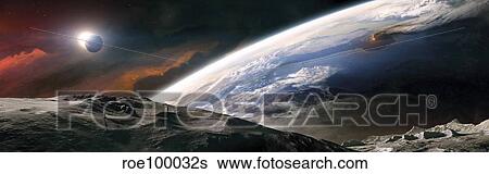 Stock Illustration - Two astronauts exploring a moon.. Fotosearch