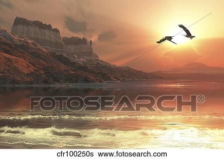 Stock Illustration - Two Bald Eagles fly along a mountainous coastline at sunset.. Fotosearch