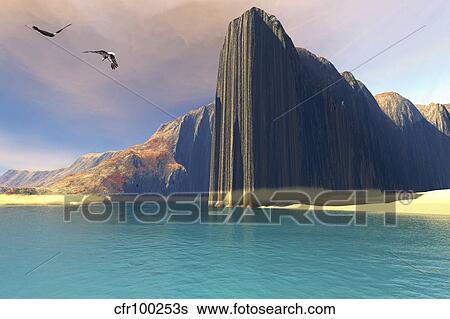 Stock Illustration - Two Bald Eagles fly over a turquiose ocean lagoon.. Fotosearch