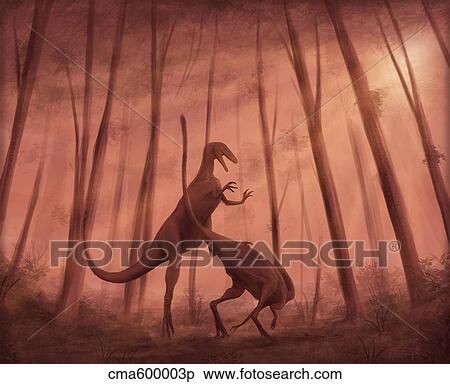 Two Bicentenaria argentina dinosaurs fighting in the woods. View Large Illustration Stock Illustration - Two Bicentenaria argentina dinosaurs fighting in the woods.. Fotosearch