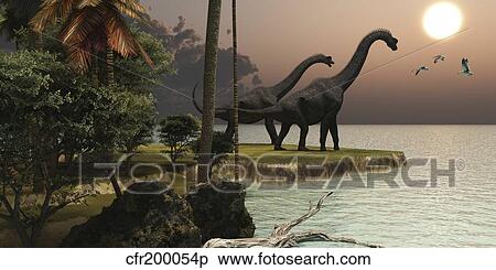 Two Brachiosaurus dinosaurs enjoy a beautiful sunset. View Large Illustration Stock Illustration - Two Brachiosaurus dinosaurs enjoy a beautiful sunset.. Fotosearch