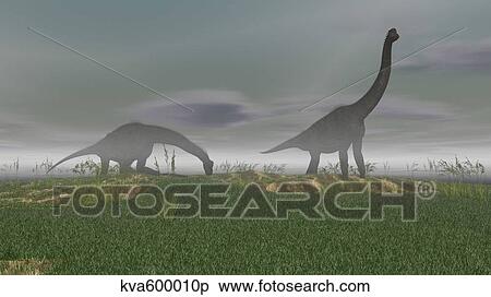 Stock Illustration - Two Brachiosaurus dinosaurs grazing in the mist.. Fotosearch