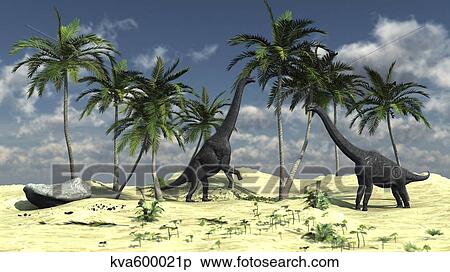 Stock Illustration - Two Brachiosaurus dinosaurs grazing on trees.. Fotosearch
