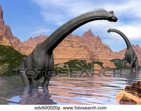Stock Illustration - Two Brachiosaurus dinosaurs in water next to red rock mountains.. Fotosearch