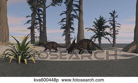 Stock Illustration - Two brown Einiosaurus dinosaurs in a prehistoric environment.. Fotosearch