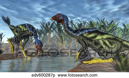 Two Caudipteryx dinosaurs drinking from a river. View Large Illustration Stock Illustration - Two Caudipteryx dinosaurs drinking from a river.. Fotosearch