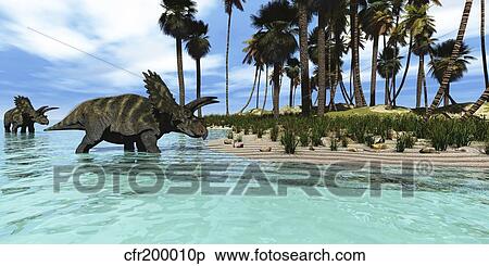 Two Coahuilaceratops dinosaurs wade through tropical waters. View Large Illustration Stock Illustration - Two Coahuilaceratops dinosaurs wade through tropical waters.. Fotosearch