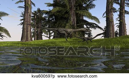 Two Coelophysis dinosaurs running along the edge of swampy water. View Large Illustration Stock Illustration - Two Coelophysis dinosaurs running along the edge of swampy water.. Fotosearch