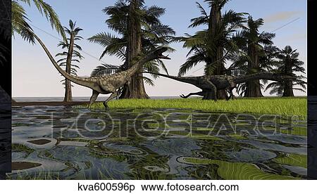 Two Coelophysis dinosaurs running through swampy water. View Large Illustration Stock Illustration - Two Coelophysis dinosaurs running through swampy water.. Fotosearch