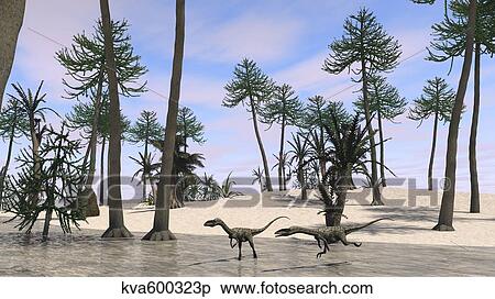 Two Coelophysis in shallow water. View Large Illustration Stock Illustration - Two Coelophysis in shallow water.. Fotosearch