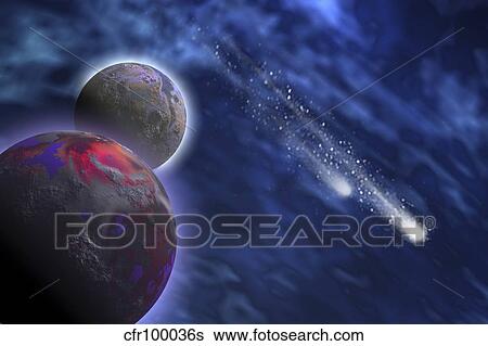 Stock Illustration - Two comets stream past a planet and its moon.. Fotosearch