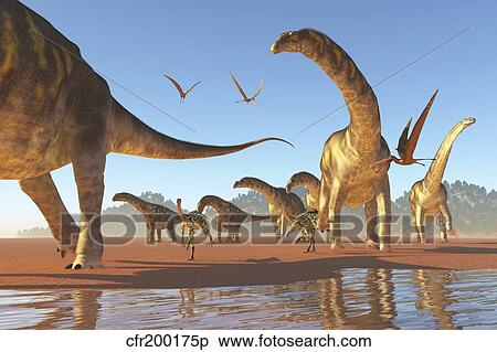 Stock Illustration - Two Deinocheirus move along with a herd of Argentinosaurus.. Fotosearch