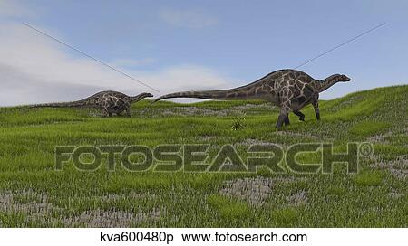 Stock Illustration - Two Dicraeosaurus dinosaurs walking across a grassy field.. Fotosearch