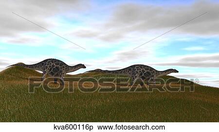 Stock Illustration - Two Dicraeosaurus walking across prehistoric grasslands.. Fotosearch