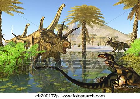 Two Dilong dinosaurs guard their nest from a Coahuilaceratops. View Large Illustration Stock Illustration - Two Dilong dinosaurs guard their nest from a Coahuilaceratops.. Fotosearch