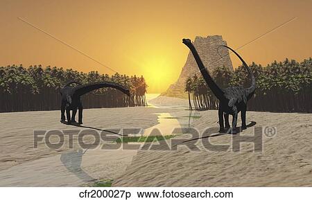 Stock Illustration - Two Diplodocus dinosaurs come to a river for a drink in prehistoric times.. Fotosearch