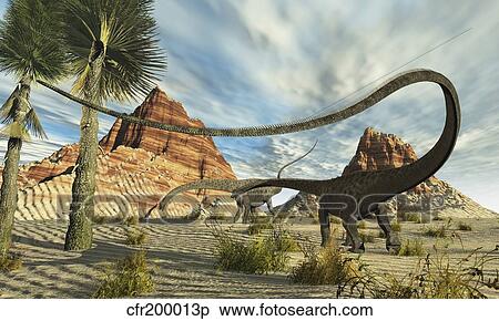 Stock Illustration - Two Diplodocus dinosaurs search for food in a desert landscape.. Fotosearch