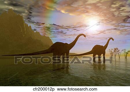 Two Diplodocus dinosaurs wade through shallow water to eat some vegetation. View Large Illustration Stock Illustration - Two Diplodocus dinosaurs wade through shallow water to eat some vegetation.. Fotosearch