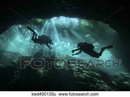 Two divers silhouetted in light at entrance to Chac Mool cenote, Mexico. View Large Photo Image Stock Photograph - Two divers silhouetted in light at entrance to Chac Mool cenote, Mexico.. Fotosearch