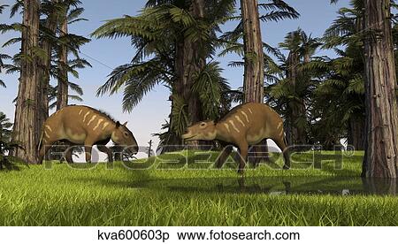 Stock Illustration - Two Eurohippus grazing along a nearby swamp.. Fotosearch