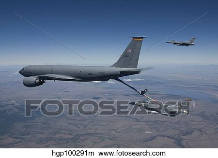 Picture - Two F-16 Fighting Falcons conduct aerial refueling with a KC-135 Stratotanker.. Fotosearch