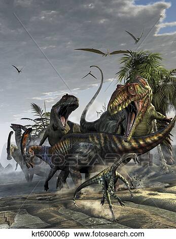Two Giganotosaurus trying to capture a Parasaurolophus. View Large Illustration Stock Illustration - Two Giganotosaurus trying to capture a Parasaurolophus.. Fotosearch