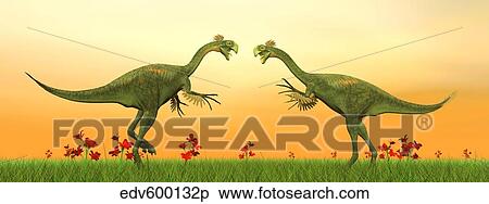 Stock Illustration - Two Gigantoraptor dinosaurs fighting on green grass by sunset.. Fotosearch