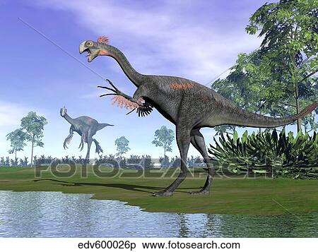 Two Gigantoraptor dinosaurs in a prehistoric environment. View Large Illustration Stock Illustration - Two Gigantoraptor dinosaurs in a prehistoric environment.. Fotosearch