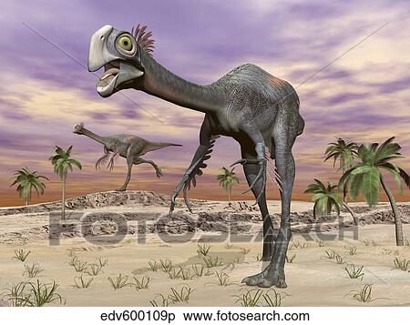 Stock Illustration - Two gigantoraptor dinosaurs walking in the desert.. Fotosearch