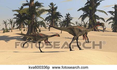 Stock Illustration - Two Gigantoraptors in desert landscape.. Fotosearch