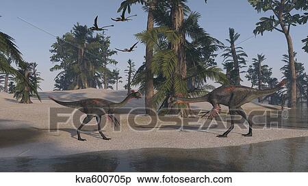 Two Gigantoraptors on the shoreline. View Large Illustration Stock Illustration - Two Gigantoraptors on the shoreline.. Fotosearch