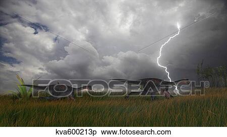 Stock Illustration - Two Gigantoraptors running across a grassy field during a lightning storm.. Fotosearch