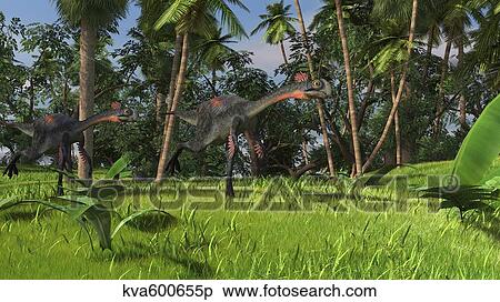 Stock Illustration - Two Gigantoraptors running across a grassy field.. Fotosearch