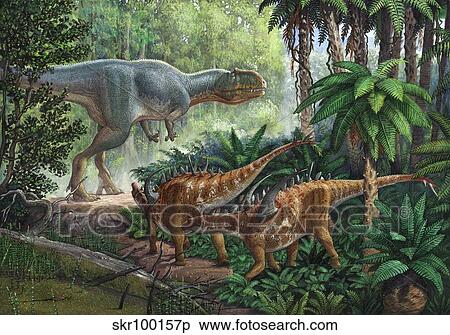 Stock Illustration - Two Gigantspinosaurus fearful at the sight of a large Yangchuanosaurus... Fotosearch