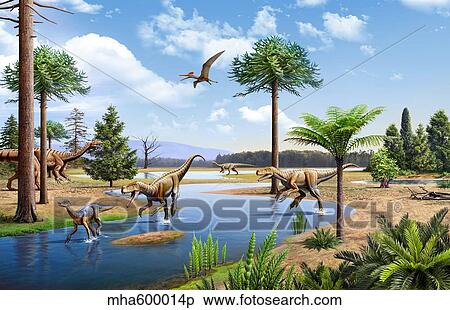 Stock Illustration - Two Herrerasaurus dinosaurs chasing a Silesaurus down a stream.. Fotosearch