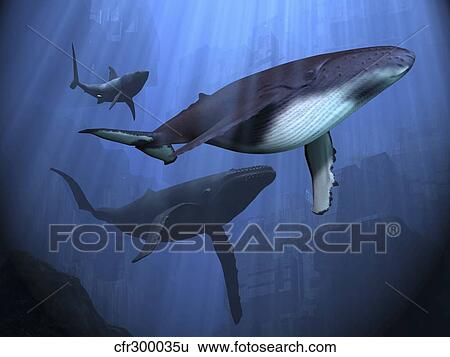 Stock Illustration - Two humpback whales and a shark swim among ancient city ruins.. Fotosearch