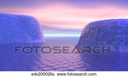Stock Illustration - Two icebergs face to face in the ocean with pink and violet sunrise.. Fotosearch