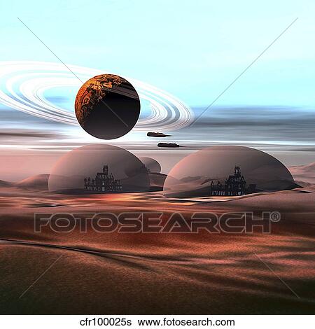 Stock Illustration - Two jet aircraft fly over dome structures on Mars.. Fotosearch
