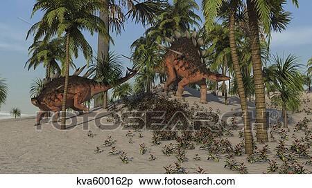 Stock Illustration - Two Kentrosaurus dinosaurs walking in a tropical environment.. Fotosearch