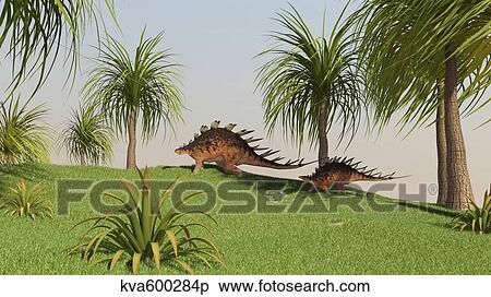 Stock Illustration - Two Kentrosaurus dinosaurs walking across an open field.. Fotosearch